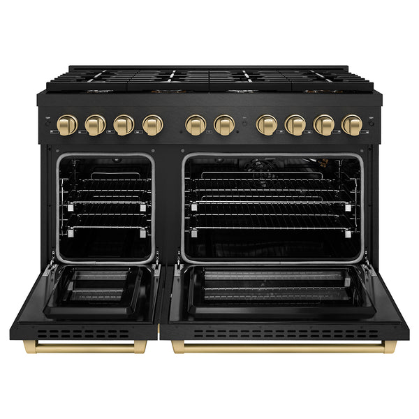 ZLINE Autograph Edition 48 in. 6.7 cu. ft. Paramount Double Oven Gas Range with 8 Burner Cooktop in Black Satin Stainless Steel and Champagne Bronze Accents, Open Box-Great Condition