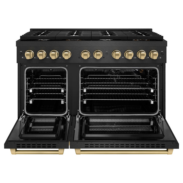 ZLINE Autograph Edition 48 in. 6.7 cu. ft. Paramount Double Oven Gas Range with 8 Burner Cooktop in Black Satin Stainless Steel and Champagne Bronze Accents, Open Box-Good Condition