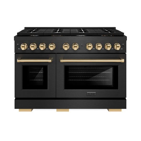 ZLINE Autograph Edition 48 in. 6.7 cu. ft. Paramount Double Oven Gas Range with 8 Burner Cooktop in Black Satin Stainless Steel and Polished Gold Accents (SGRBSZ-48-G)