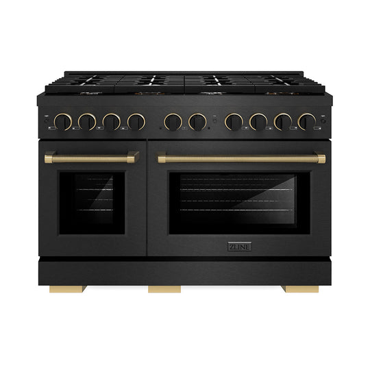 ZLINE Designer Collection 48 in. 6.7 cu. ft. Paramount Double Oven Gas Range with 8 Burner Cooktop in Black Satin Stainless Steel with Matte Black and Champagne Bronze Accents, Open Box-Good Condition