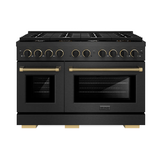 ZLINE Designer Collection 48 in. 6.7 cu. ft. Paramount Double Oven Gas Range with 8 Burner Cooktop in Black Satin Stainless Steel with Matte Black and Champagne Bronze Accents, Open Box-Great Condition