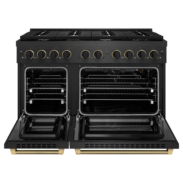 ZLINE Designer Collection 48 in. 6.7 cu. ft. Paramount Double Oven Gas Range with 8 Burner Cooktop in Black Satin Stainless Steel with Matte Black and Champagne Bronze Accents, Open Box-Great Condition