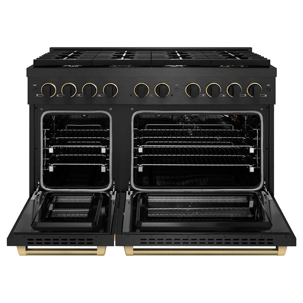 ZLINE Designer Collection 48 in. 6.7 cu. ft. Paramount Double Oven Gas Range with 8 Burner Cooktop in Black Satin Stainless Steel with Matte Black and Champagne Bronze Accents, Open Box-Good Condition