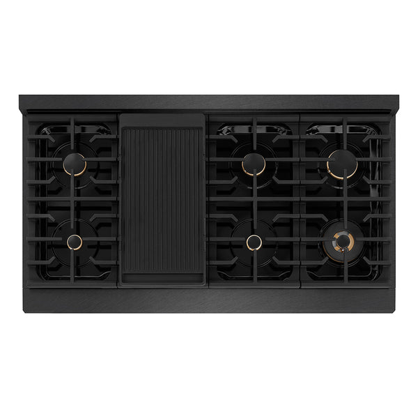 ZLINE Designer Collection 48 in. 6.7 cu. ft. Paramount Double Oven Gas Range with 8 Burner Cooktop in Black Satin Stainless Steel with Matte Black and Champagne Bronze Accents, Open Box-Great Condition