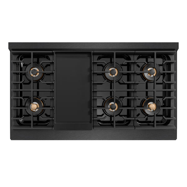 ZLINE Autograph Edition 48 in. 6.7 cu. ft. Paramount Gas Range with 8 Burner DuoPro™ Cooktop and Dual Ovens in Black Satin Stainless Steel and Polished Gold Accents, Open Box-Great Condition