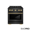 ZLINE Autograph Edition 30 in. 4.2 cu. ft. Paramount Gas Range with 4 Burner DuoPro™ Cooktop and Convection Gas Oven in Black Satin Stainless Steel and Champagne Bronze Accents, Open Box-Good Condition
