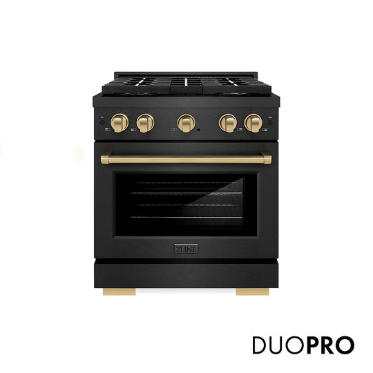 ZLINE Autograph Edition 30 in. 4.2 cu. ft. Paramount Gas Range with 4 Burner DuoPro™ Cooktop and Convection Gas Oven in Black Satin Stainless Steel and Champagne Bronze Accents, Open Box-Good Condition