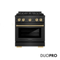 ZLINE Autograph Edition 30 in. 4.2 cu. ft. Paramount Gas Range with 4 Burner DuoPro™ Cooktop and Convection Gas Oven in Black Satin Stainless Steel and Champagne Bronze Accents, Open Box-Great Condition