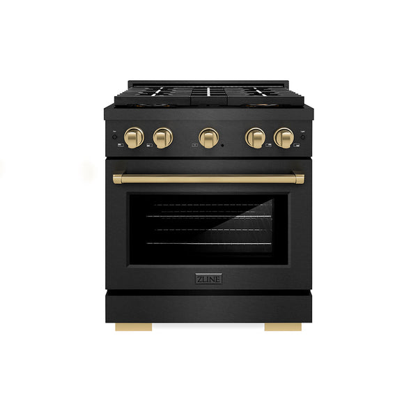 ZLINE Autograph Edition 30 in. 4.2 cu. ft. Paramount Gas Range with 4 Burner DuoPro™ Cooktop and Convection Gas Oven in Black Satin Stainless Steel and Champagne Bronze Accents, Open Box-Good Condition