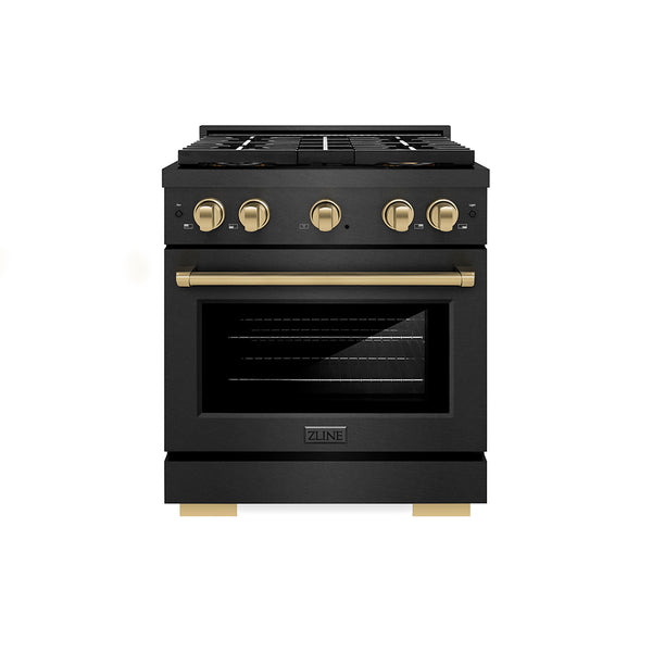 ZLINE Autograph Edition 30 in. 4.2 cu. ft. Paramount Gas Range with 4 Burner DuoPro™ Cooktop and Convection Gas Oven in Black Satin Stainless Steel and Champagne Bronze Accents, Open Box-Great Condition