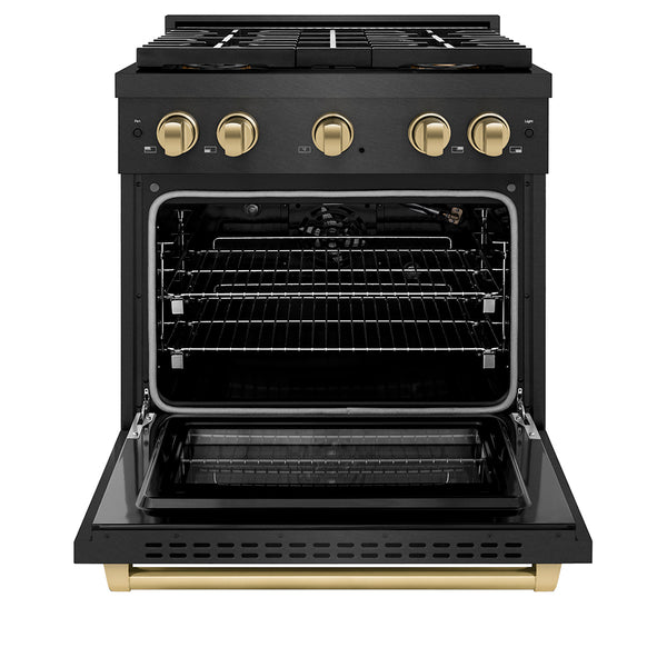 ZLINE Autograph Edition 30 in. 4.2 cu. ft. Paramount Gas Range with 4 Burner DuoPro™ Cooktop and Convection Gas Oven in Black Satin Stainless Steel and Champagne Bronze Accents, Open Box-Great Condition