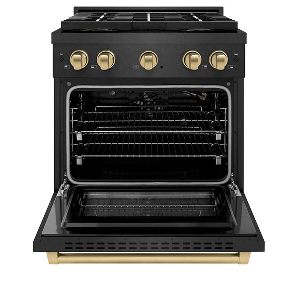 ZLINE Autograph Edition 30 in. 4.2 cu. ft. Paramount Gas Range with 4 Burner DuoPro™ Cooktop and Convection Gas Oven in Black Satin Stainless Steel and Champagne Bronze Accents, Open Box-Good Condition