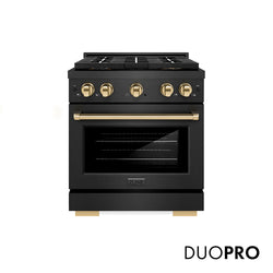 ZLINE Autograph Edition 30 in. 4.2 cu. ft. Paramount Gas Range with 4 Burner DuoPro™ Cooktop and Convection Gas Oven in Black Satin Stainless Steel and Polished Gold Accents, Open Box-Great Condition