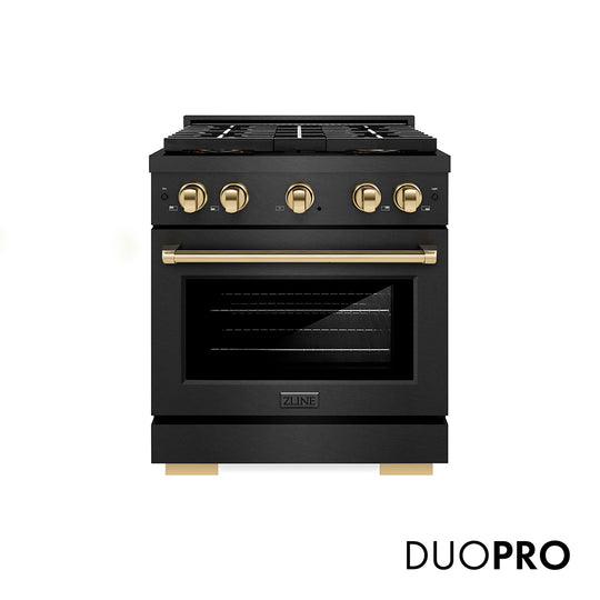 ZLINE Autograph Edition 30 in. 4.2 cu. ft. Paramount Gas Range with 4 Burner DuoPro™ Cooktop and Convection Gas Oven in Black Satin Stainless Steel and Polished Gold Accents, Open Box-Great Condition
