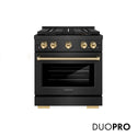 ZLINE Autograph Edition 30 in. 4.2 cu. ft. Paramount Gas Range with 4 Burner DuoPro™ Cooktop and Convection Gas Oven in Black Satin Stainless Steel and Polished Gold Accents, Open Box-Good Condition