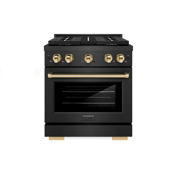 ZLINE Autograph Edition 30 in. 4.2 cu. ft. Paramount Gas Range with 4 Burner DuoPro™ Cooktop and Convection Gas Oven in Black Satin Stainless Steel and Polished Gold Accents, Open Box-Good Condition