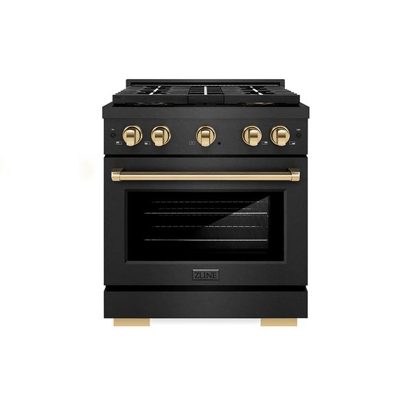 ZLINE Autograph Edition 30 in. 4.2 cu. ft. Paramount Gas Range with 4 Burner DuoPro™ Cooktop and Convection Gas Oven in Black Satin Stainless Steel and Polished Gold Accents, Open Box-Great Condition