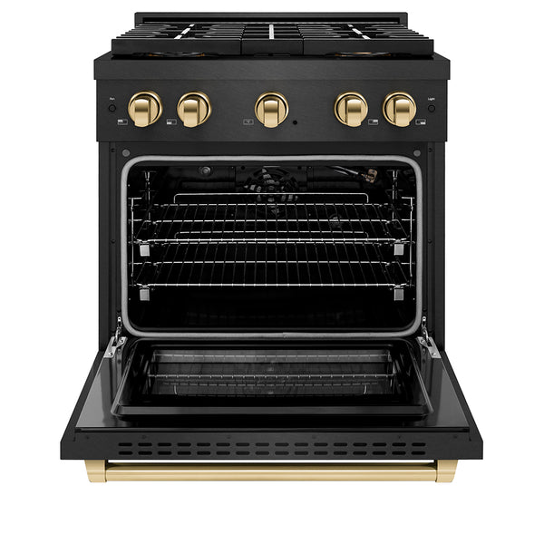 ZLINE Autograph Edition 30 in. 4.2 cu. ft. Paramount Gas Range with 4 Burner DuoPro™ Cooktop and Convection Gas Oven in Black Satin Stainless Steel and Polished Gold Accents, Open Box-Great Condition