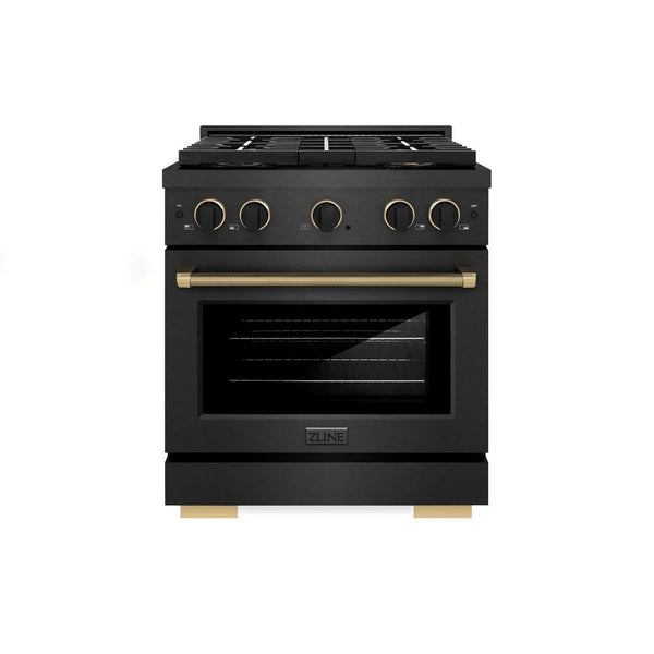 ZLINE Designer Collection 30 in. 4.2 cu. ft. Paramount Gas Range with 4 Burner DuoPro™ Cooktop and Convection Gas Oven in Black Satin Stainless Steel with Matte Black and Champagne Bronze Accents, Open Box-Good Condition