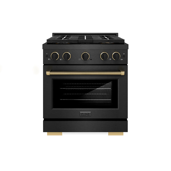ZLINE Designer Collection 30 in. 4.2 cu. ft. Paramount Gas Range with 4 Burner DuoPro™ Cooktop and Convection Gas Oven in Black Satin Stainless Steel with Matte Black and Champagne Bronze Accents, Open Box-Great Condition