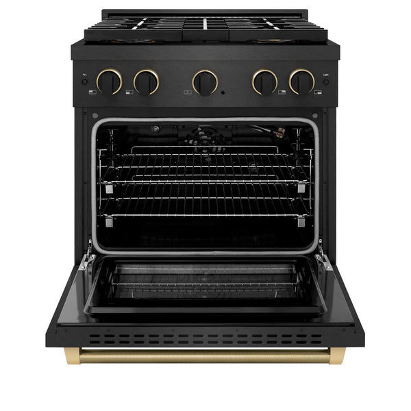 ZLINE Designer Collection 30 in. 4.2 cu. ft. Paramount Gas Range with 4 Burner DuoPro™ Cooktop and Convection Gas Oven in Black Satin Stainless Steel with Matte Black and Champagne Bronze Accents, Open Box-Good Condition