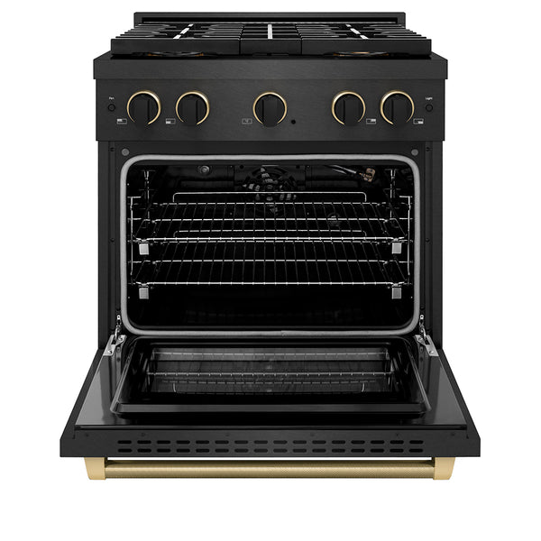 ZLINE Designer Collection 30 in. 4.2 cu. ft. Paramount Gas Range with 4 Burner DuoPro™ Cooktop and Convection Gas Oven in Black Satin Stainless Steel with Matte Black and Champagne Bronze Accents, Open Box-Great Condition