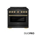 ZLINE Autograph Edition 36 in. 5.2 cu. ft. Paramount Gas Range with 6 Burner DuoPro™ Cooktop and Convection Gas Oven in Black Satin Stainless Steel and Champagne Bronze Accents, Open Box-Good Condition