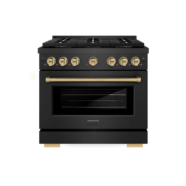 ZLINE Autograph Edition 36 in. 5.2 cu. ft. Paramount Gas Range with 6 Burner DuoPro™ Cooktop and Convection Gas Oven in Black Satin Stainless Steel and Champagne Bronze Accents, Open Box-Great Condition