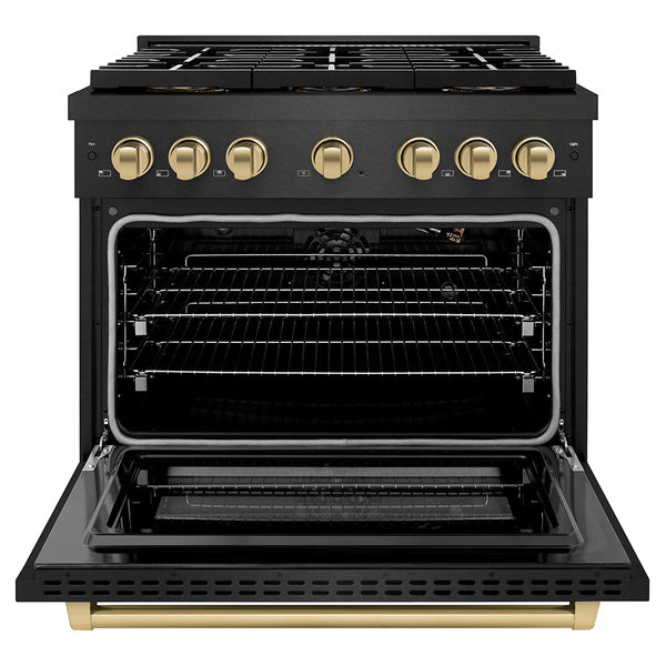 ZLINE Autograph Edition 36 in. 5.2 cu. ft. Paramount Gas Range with 6 Burner DuoPro™ Cooktop and Convection Gas Oven in Black Satin Stainless Steel and Champagne Bronze Accents, Open Box-Good Condition