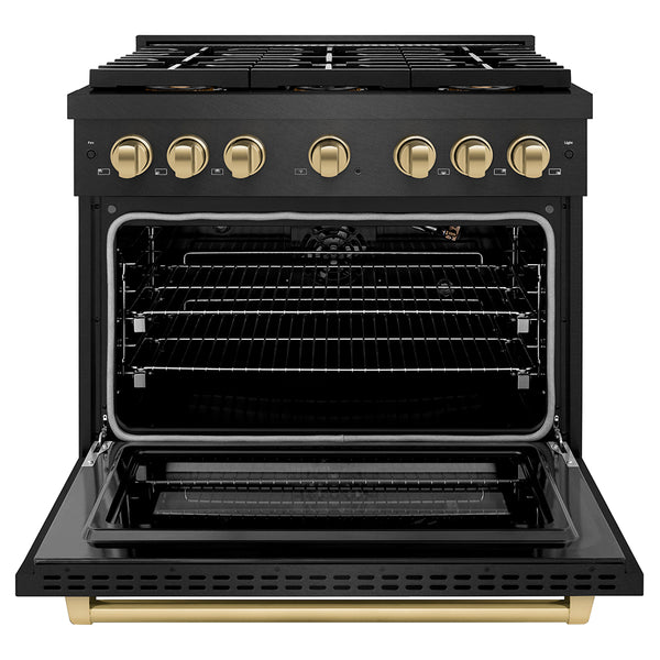 ZLINE Autograph Edition 36 in. 5.2 cu. ft. Paramount Gas Range with 6 Burner DuoPro™ Cooktop and Convection Gas Oven in Black Satin Stainless Steel and Champagne Bronze Accents, Open Box-Great Condition