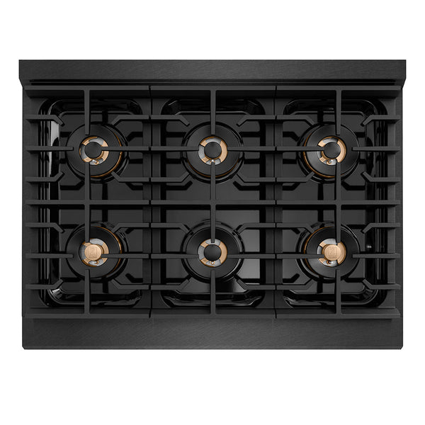 ZLINE Autograph Edition 36 in. 5.2 cu. ft. Paramount Gas Range with 6 Burner DuoPro™ Cooktop and Convection Gas Oven in Black Satin Stainless Steel and Champagne Bronze Accents, Open Box-Good Condition