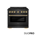 ZLINE Autograph Edition 36 in. 5.2 cu. ft. Paramount Gas Range with 6 Burner DuoPro™ Cooktop and Convection Gas Oven in Black Satin Stainless Steel and Polished Gold Accents, Open Box-Good Condition
