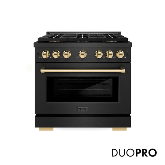 ZLINE Autograph Edition 36 in. 5.2 cu. ft. Paramount Gas Range with 6 Burner DuoPro™ Cooktop and Convection Gas Oven in Black Satin Stainless Steel and Polished Gold Accents, Open Box-Good Condition