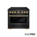 ZLINE Autograph Edition 36 in. 5.2 cu. ft. Paramount Gas Range with 6 Burner DuoPro™ Cooktop and Convection Gas Oven in Black Satin Stainless Steel and Polished Gold Accents, Open Box-Great Condition
