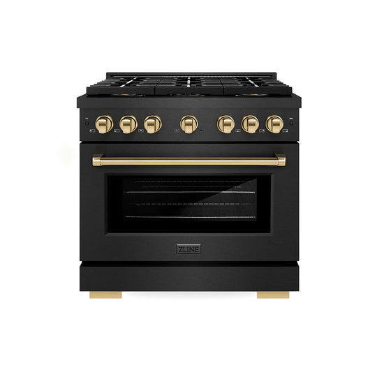 ZLINE Autograph Edition 36 in. 5.2 cu. ft. Paramount Gas Range with 6 Burner DuoPro™ Cooktop and Convection Gas Oven in Black Satin Stainless Steel and Polished Gold Accents (PSGRBSZ-36-G)