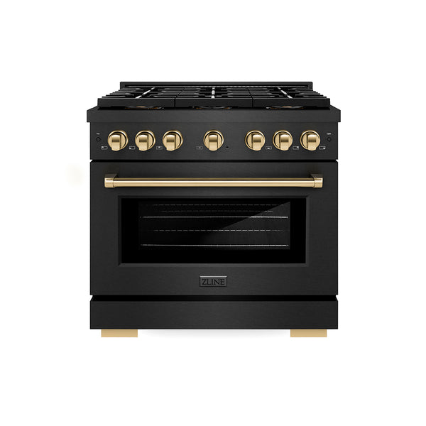 ZLINE Autograph Edition 36 in. 5.2 cu. ft. Paramount Gas Range with 6 Burner DuoPro™ Cooktop and Convection Gas Oven in Black Satin Stainless Steel and Polished Gold Accents, Open Box-Great Condition