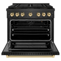 ZLINE Autograph Edition 36 in. 5.2 cu. ft. Paramount Gas Range with 6 Burner DuoPro™ Cooktop and Convection Gas Oven in Black Satin Stainless Steel and Polished Gold Accents, Open Box-Great Condition