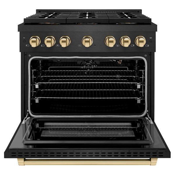 ZLINE Autograph Edition 36 in. 5.2 cu. ft. Paramount Gas Range with 6 Burner DuoPro™ Cooktop and Convection Gas Oven in Black Satin Stainless Steel and Polished Gold Accents, Open Box-Great Condition