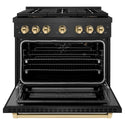 ZLINE Autograph Edition 36 in. 5.2 cu. ft. Paramount Gas Range with 6 Burner DuoPro™ Cooktop and Convection Gas Oven in Black Satin Stainless Steel and Polished Gold Accents, Open Box-Good Condition