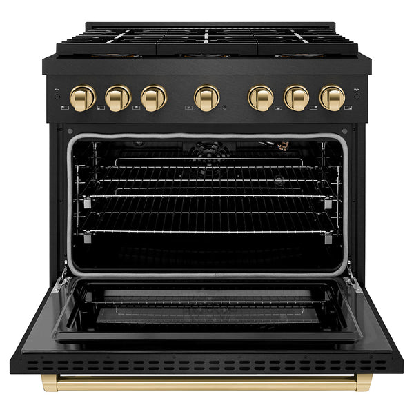 ZLINE Autograph Edition 36 in. 5.2 cu. ft. Paramount Gas Range with 6 Burner DuoPro™ Cooktop and Convection Gas Oven in Black Satin Stainless Steel and Polished Gold Accents, Open Box-Good Condition
