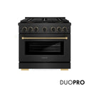 ZLINE Designer Collection 36 in. 5.2 cu. ft. Paramount Gas Range with 6 Burner DuoPro™ Cooktop and Convection Gas Oven in Black Satin Stainless Steel with Matte Black and Champagne Bronze Accents, Open Box-Good Condition