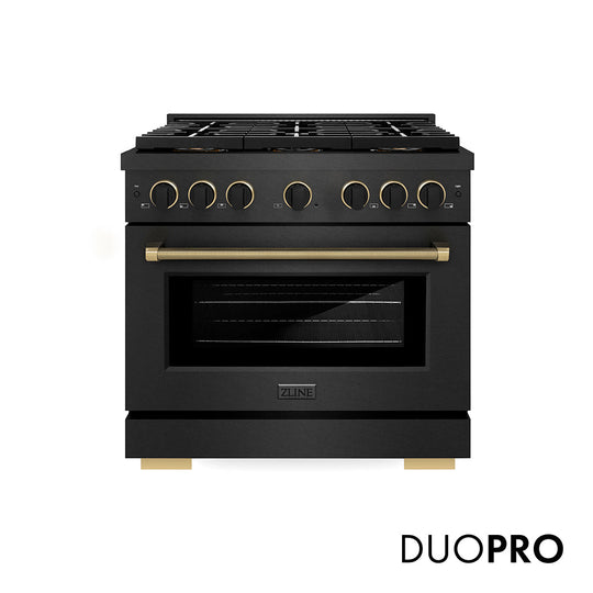 ZLINE Designer Collection 36 in. 5.2 cu. ft. Paramount Gas Range with 6 Burner DuoPro™ Cooktop and Convection Gas Oven in Black Satin Stainless Steel with Matte Black and Champagne Bronze Accents, Open Box-Good Condition