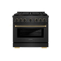 ZLINE Designer Collection 36 in. 5.2 cu. ft. Paramount Gas Range with 6 Burner DuoPro™ Cooktop and Convection Gas Oven in Black Satin Stainless Steel with Matte Black and Champagne Bronze Accents, Open Box-Great Condition