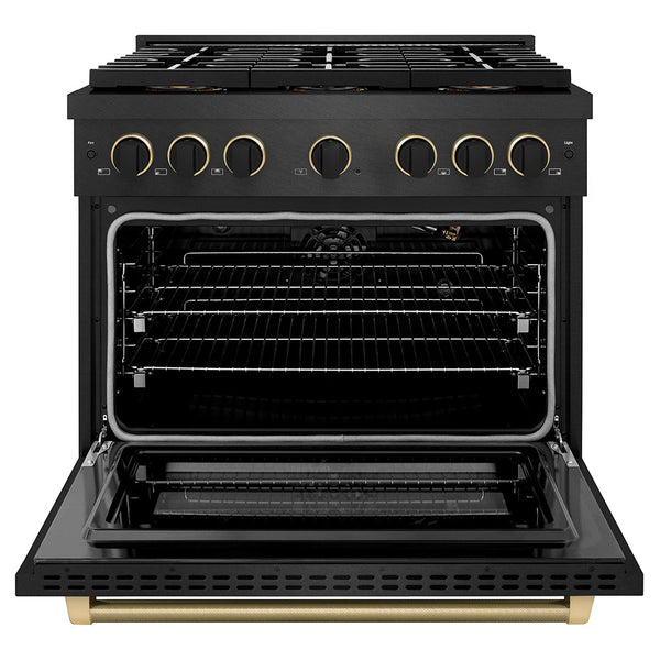 ZLINE Designer Collection 36 in. 5.2 cu. ft. Paramount Gas Range with 6 Burner DuoPro™ Cooktop and Convection Gas Oven in Black Satin Stainless Steel with Matte Black and Champagne Bronze Accents, Open Box-Good Condition