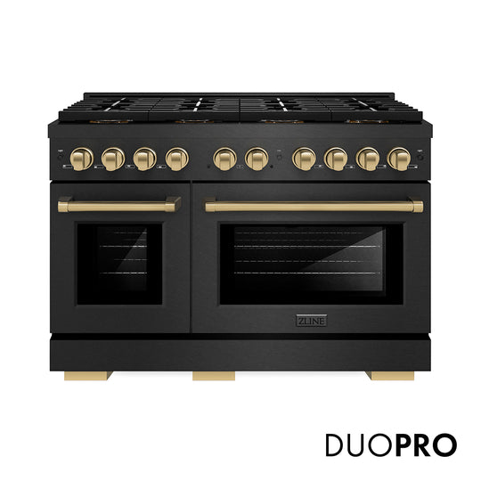ZLINE Autograph Edition 48 in. 6.7 cu. ft. Paramount Gas Range with 8 Burner DuoPro™ Cooktop and Dual Ovens in Black Satin Stainless Steel and Champagne Bronze Accents (PSGRBSZ-48-CB)