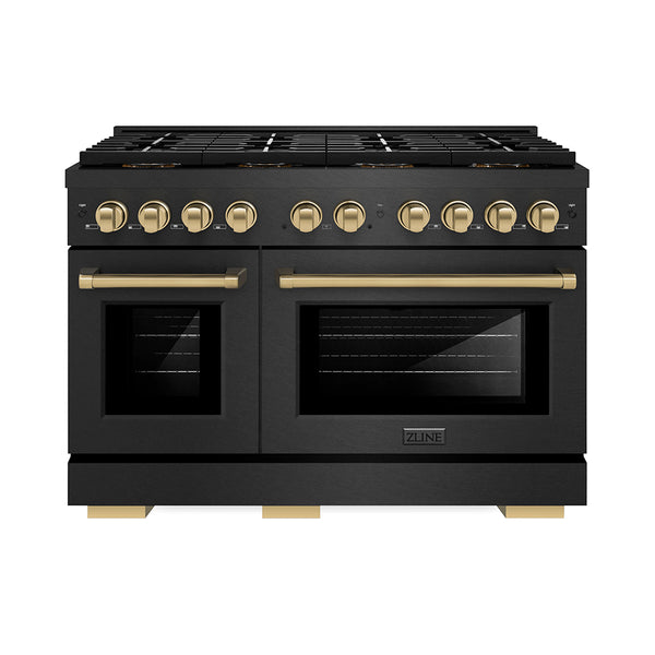 ZLINE Autograph Edition 48 in. 6.7 cu. ft. Paramount Gas Range with 8 Burner DuoPro™ Cooktop and Dual Ovens in Black Satin Stainless Steel and Champagne Bronze Accents, Open Box-Great Condition