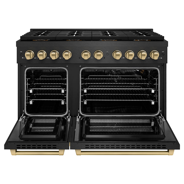 ZLINE Autograph Edition 48 in. 6.7 cu. ft. Paramount Gas Range with 8 Burner DuoPro™ Cooktop and Dual Ovens in Black Satin Stainless Steel and Champagne Bronze Accents, Open Box-Great Condition