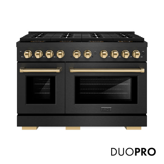 ZLINE Autograph Edition 48 in. 6.7 cu. ft. Paramount Gas Range with 8 Burner DuoPro™ Cooktop and Dual Ovens in Black Satin Stainless Steel and Polished Gold Accents (PSGRBSZ-48-G)