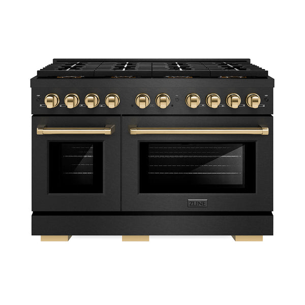 ZLINE Autograph Edition 48 in. 6.7 cu. ft. Paramount Gas Range with 8 Burner DuoPro™ Cooktop and Dual Ovens in Black Satin Stainless Steel and Polished Gold Accents, Open Box-Good Condition