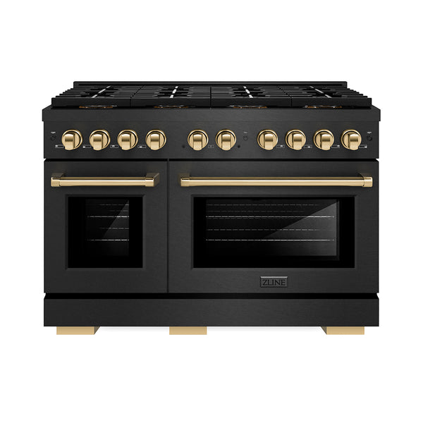 ZLINE Autograph Edition 48 in. 6.7 cu. ft. Paramount Gas Range with 8 Burner DuoPro™ Cooktop and Dual Ovens in Black Satin Stainless Steel and Polished Gold Accents, Open Box-Great Condition